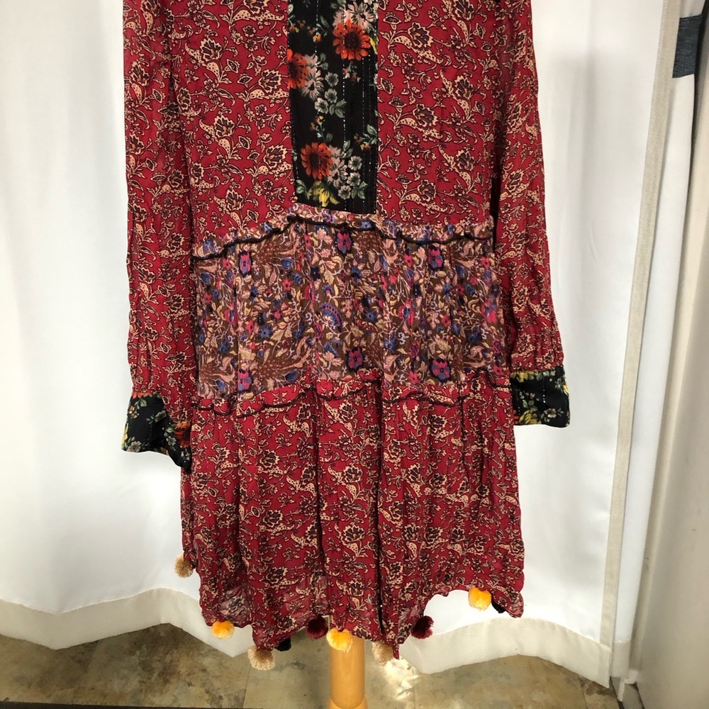 Zara Patchwork Floral Print Dress with Pom Poms/Fall colors, size M